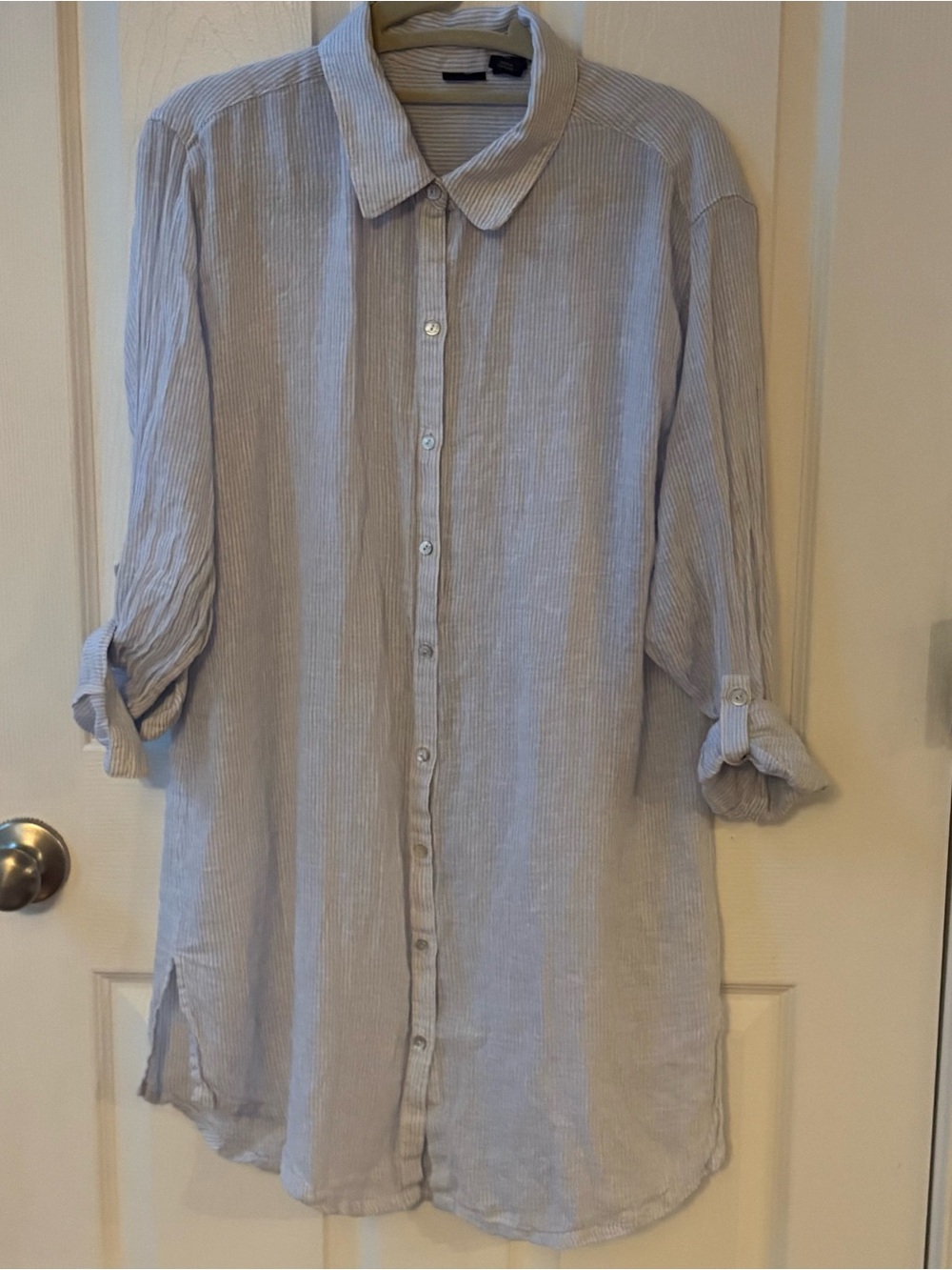 Tahari Linen Blend Roll Tab Sleeve Button Up Tunic Top Dress Striped Lagenlook